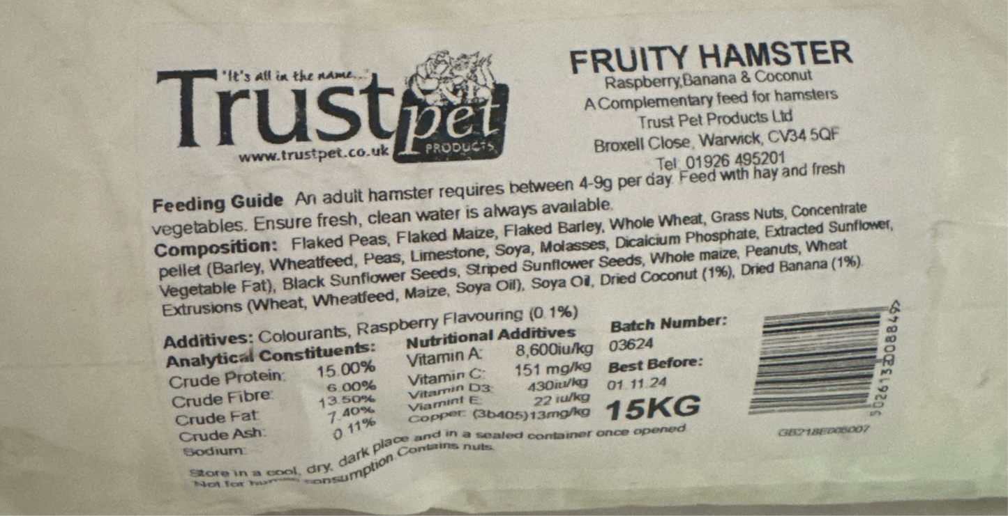 15KG Trust Fruity Hamster Food Raspberry Banana & Coconut - Discounted Stock