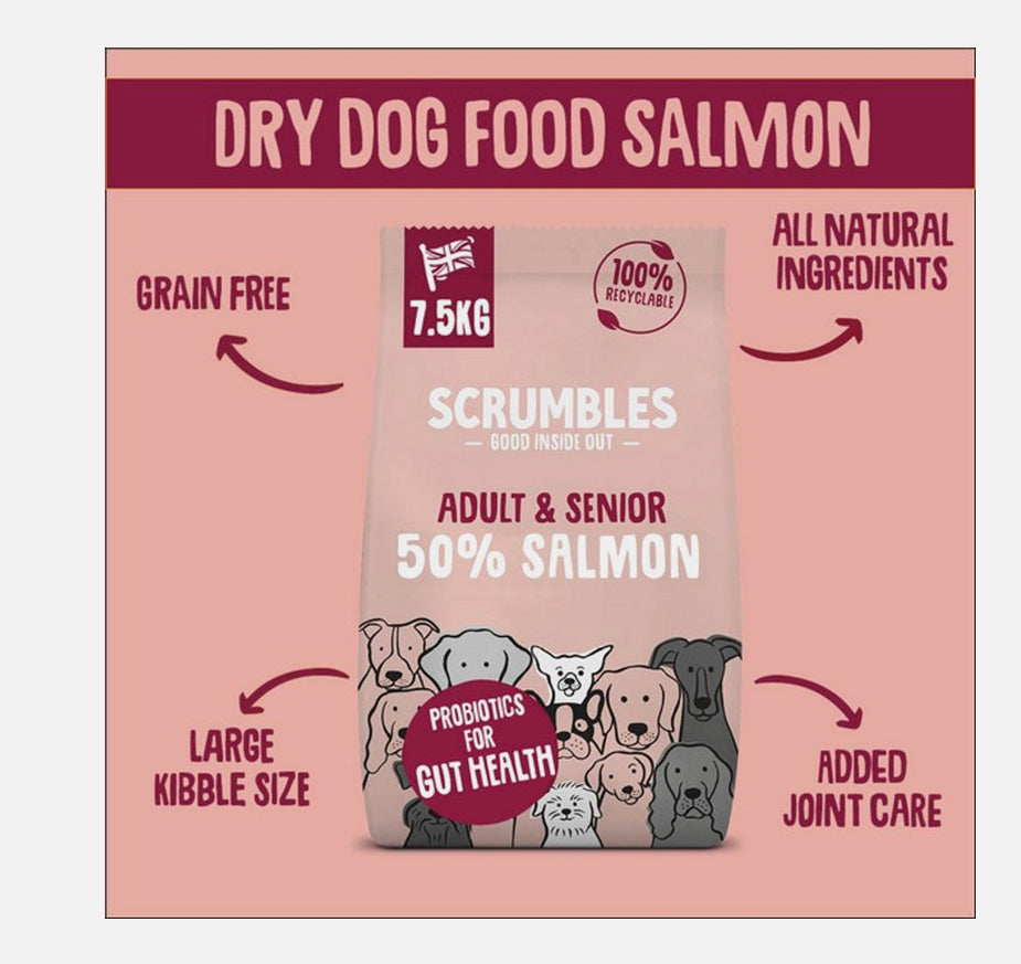 Scrumbles Dry Dog Food Adult Salmon 7.5kg - Discounted stock