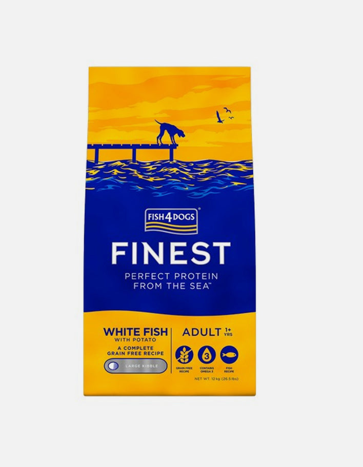 12KG Fish4Dogs Finest Adult White Fish With Potato Small Kibble - Discounted Stock
