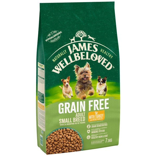 7.5KG James Wellbeloved Grain Free Adult Small Breed Turkey & Vegetables Dog Food - Discounted Stock