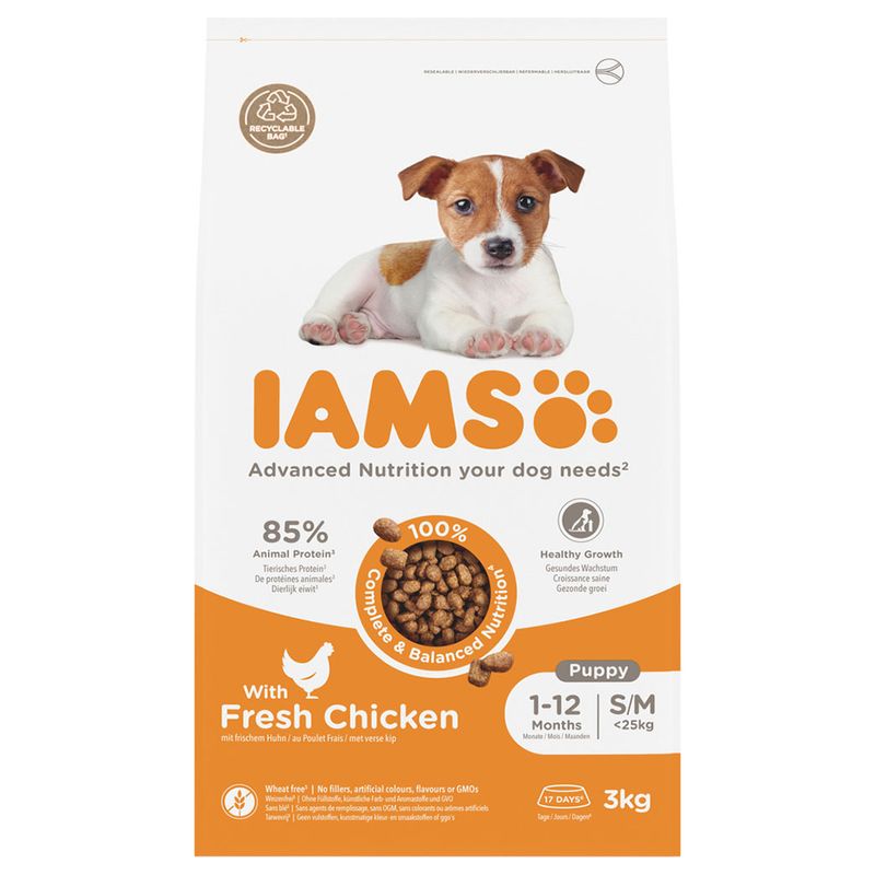12KG Iams Puppy Chicken S/M Breed Dog Food - Discounted Stock