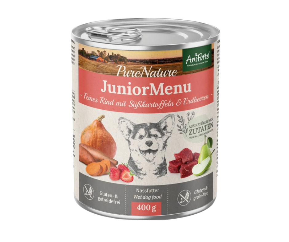 Aniforte PureNature JuniorMenu Beef wet dog food 400g - Dated August 2026