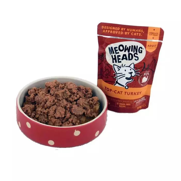 10x100g Meowing Heads Top-Cat Turkey Wet Food - Damaged Packaging