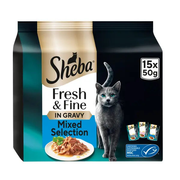 15x50g Sheba Fresh & Fine Pouches Fish in Gravy Cat Food - Damaged Packaging
