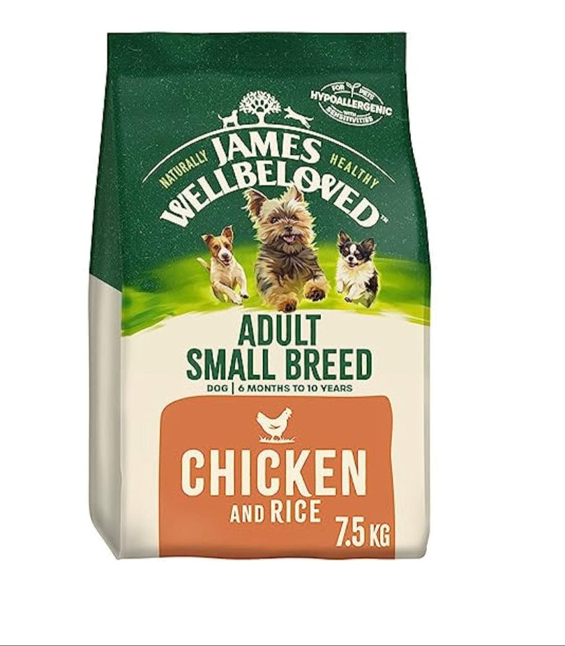 7.5KG James Wellbeloved Small Breed Adult Chicken and Rice Dog Food - Discounted Stock