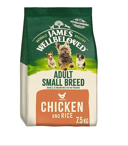 7.5KG James Wellbeloved Small Breed Adult Chicken and Rice Dog Food - Discounted Stock