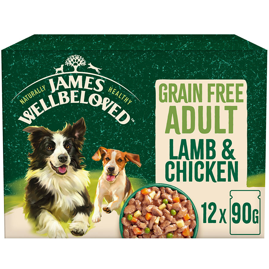 12x90g James Wellbeloved Grain Free Lamb & Chicken Wet Dog Food - Damaged Packaging