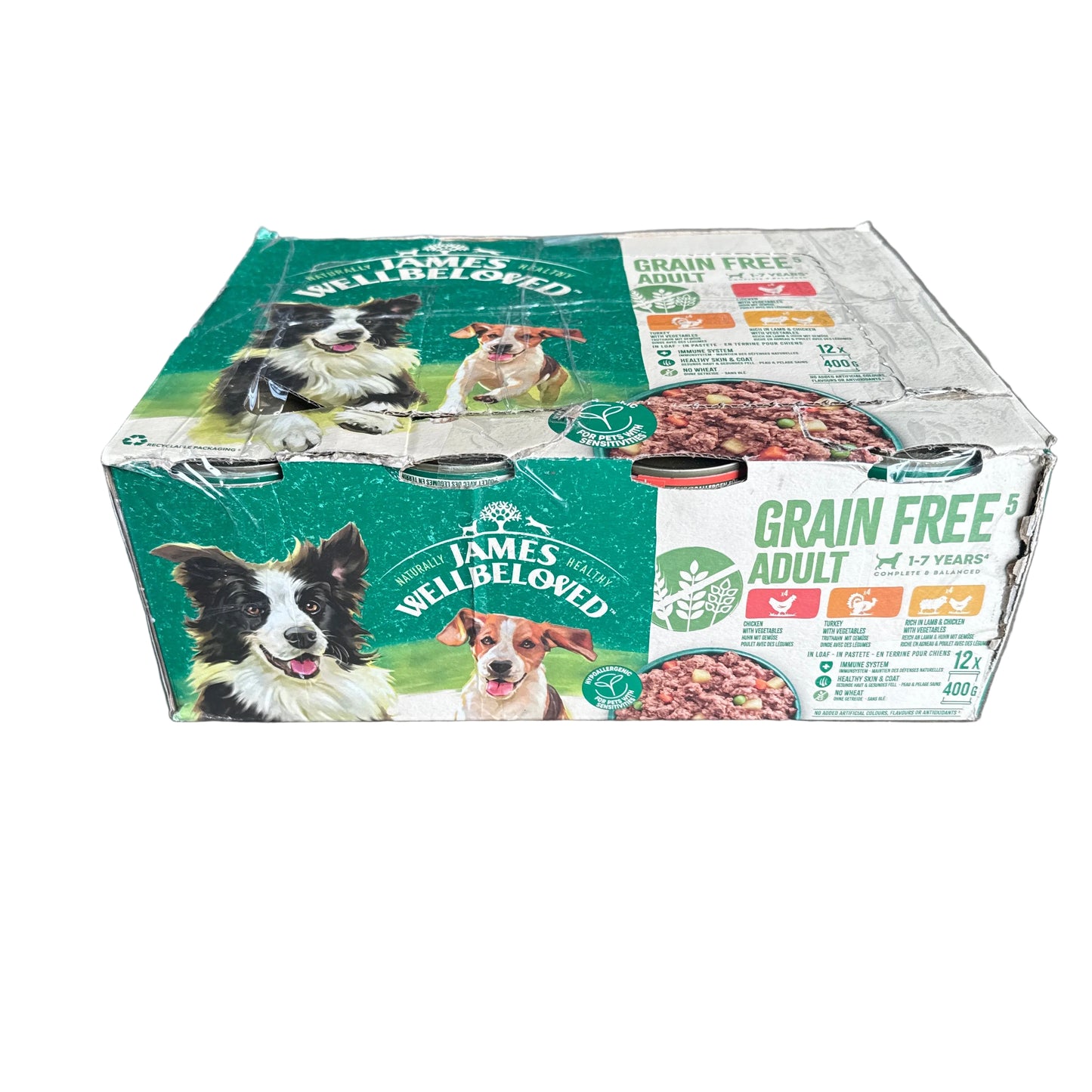 12x400g James Wellbeloved Grain Free Adult Tinned Dog Food - Damaged Packaging