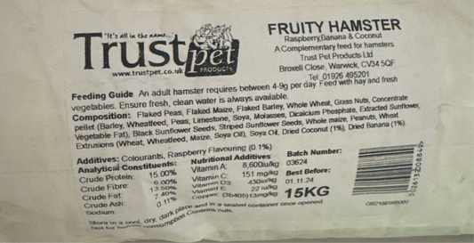 15KG Trust Fruity Hamster Food Raspberry Banana & Coconut - Discounted Stock