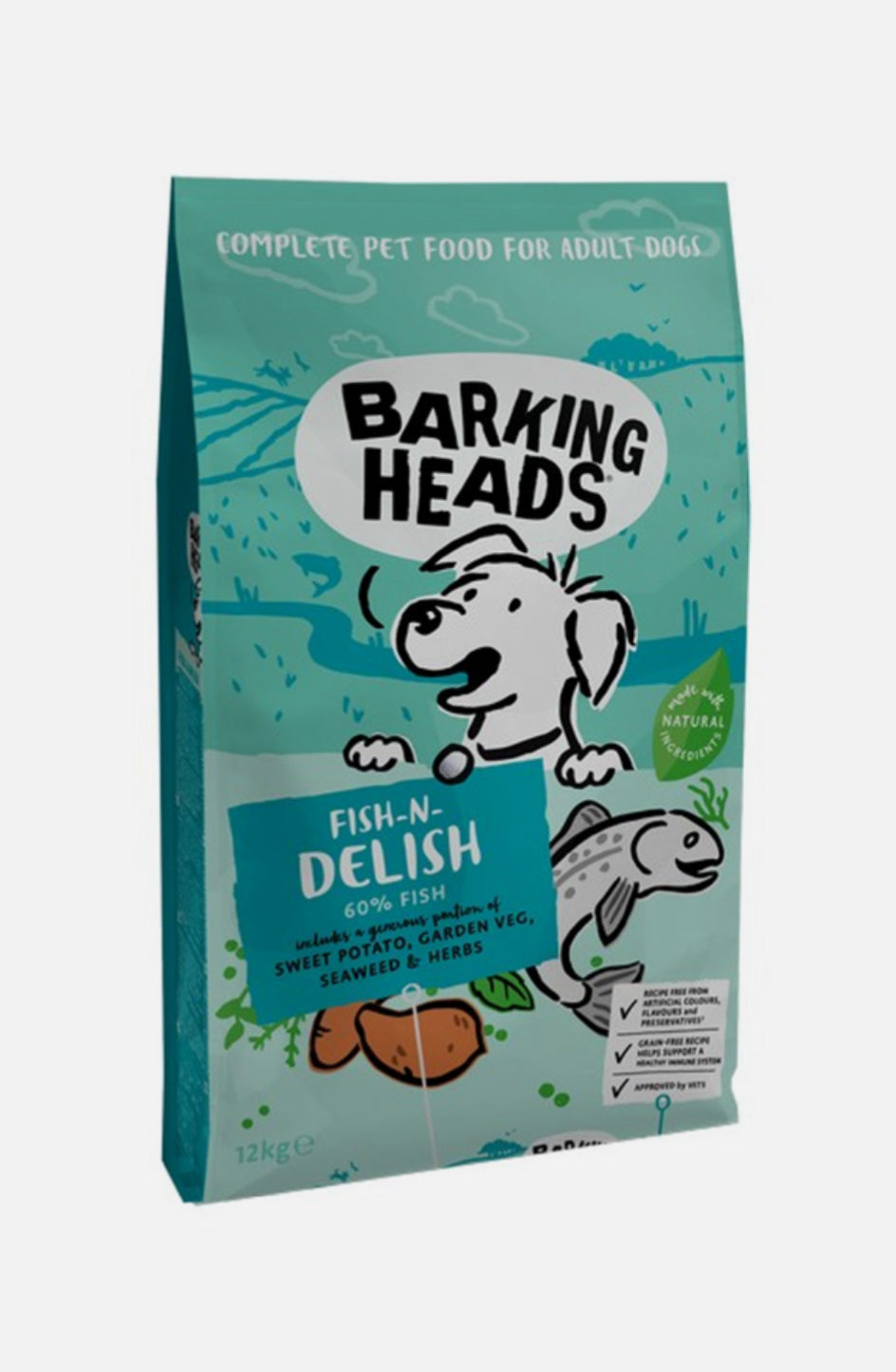 12kg Barking Heads Dog Adult Fish N Delish Grain Free - damaged packaging