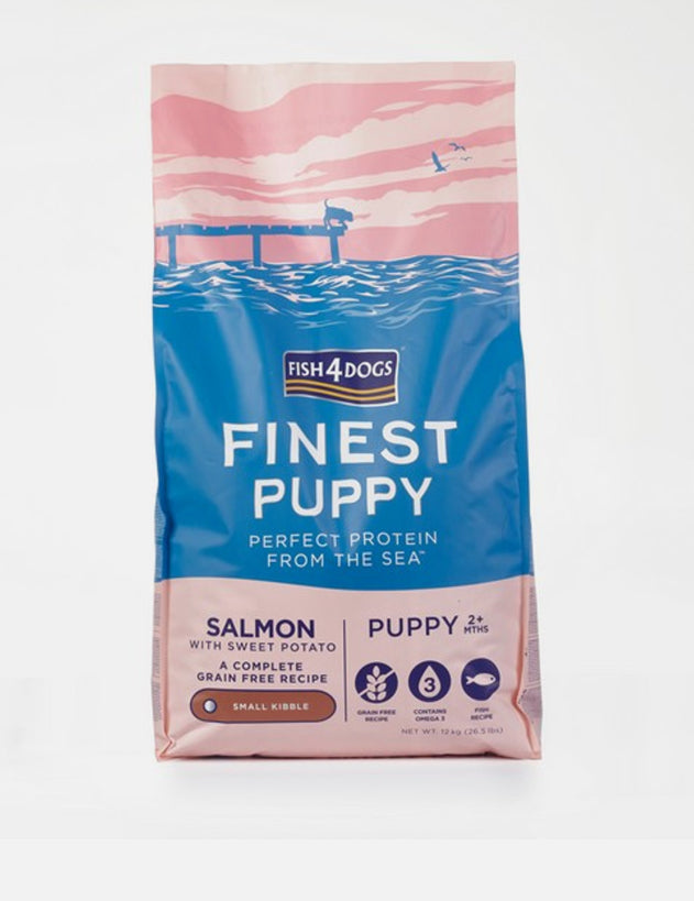 12kg Fish4Dogs Finest Puppy Salmon with Sweet Potato (Small Kibble) - damaged packaging