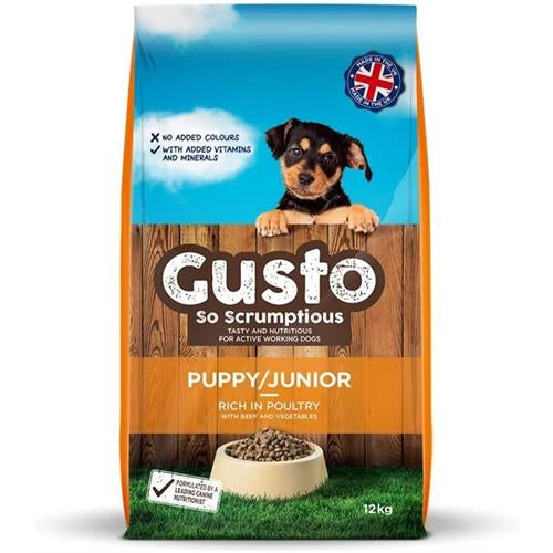 12KG Gusto Puppy/Junior Chicken with Beef and Veg Dog Food - Discounted Stock