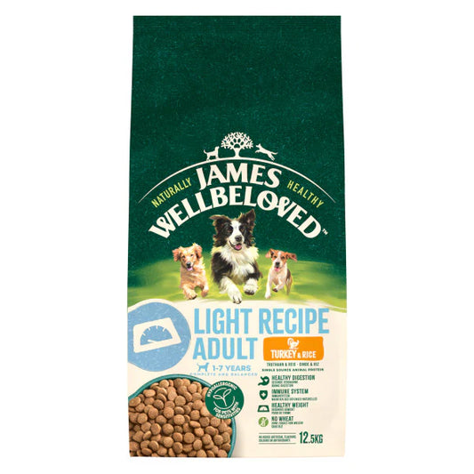 12.5KG James Wellbeloved Light Recipe Adult Turkey & Rice Dog Food - Discounted Stock