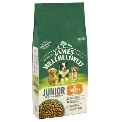 15KG James Wellbeloved Junior Turkey & Rice Dog Food - Discounted Stock