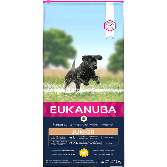 12KG Eukanuba Junior L/XL Breed Chicken Dog Food - Discounted Stock