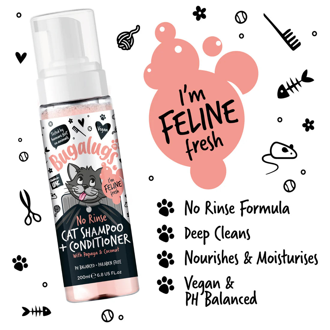 Bugalugs No Rinse Cat Shampoo & Conditioner with Papaya & Coconut 200ml