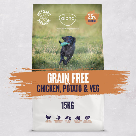 15KG Alpha Grain Free Chicken, Potato & Veg Dog Food - Discounted Stock