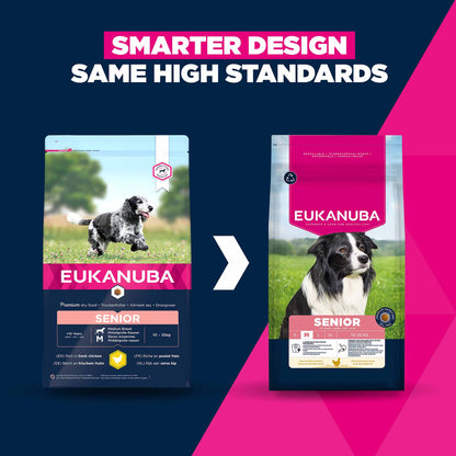 12KG Eukanuba Senior Medium Breed Chicken Dog Food - Damaged Packaging