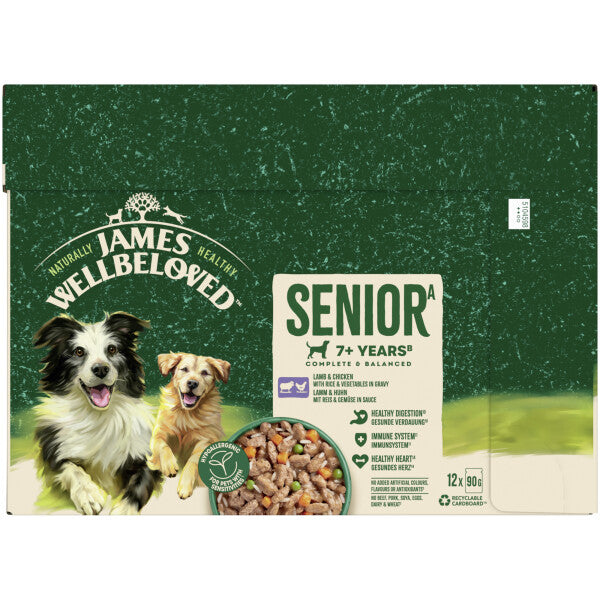 12x90g James Wellbeloved Senior Lamb & Chicken in Gravy Wet Dog Food - Damaged Packaging