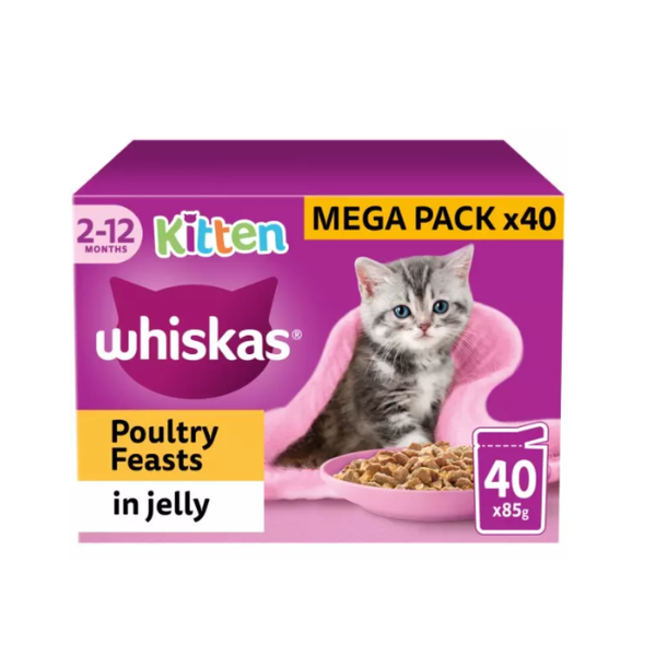 40 x 85g Whiskas Kitten Pouches Poultry Feasts in jelly - Discounted Stock