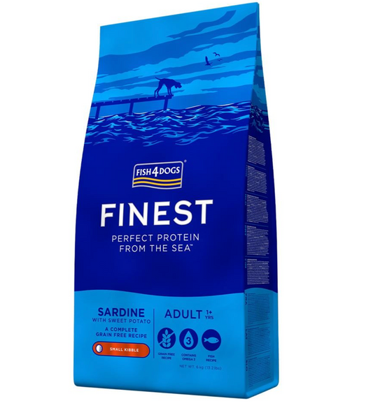 12KG Fish4Dogs Finest Adult Sardine With Sweet Potato Small Kibble - Discounted Stock
