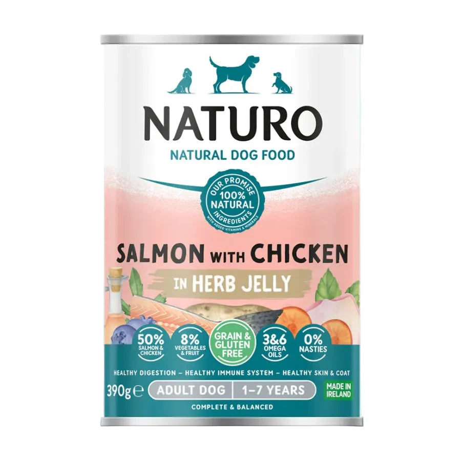 10x390g Naturo Grain & Gluten Free Salmon with Chicken in Herb Jelly Dog Food - Damaged Packaging
