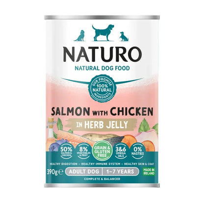 10x390g Naturo Grain & Gluten Free Salmon with Chicken in Herb Jelly Dog Food - Damaged Packaging