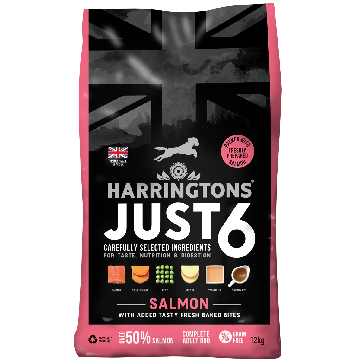 12KG Harringtons Just 6 Salmon & Veg Dog Food - Discounted Stock