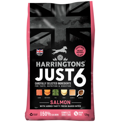 12KG Harringtons Just 6 Salmon & Veg Dog Food - Discounted Stock