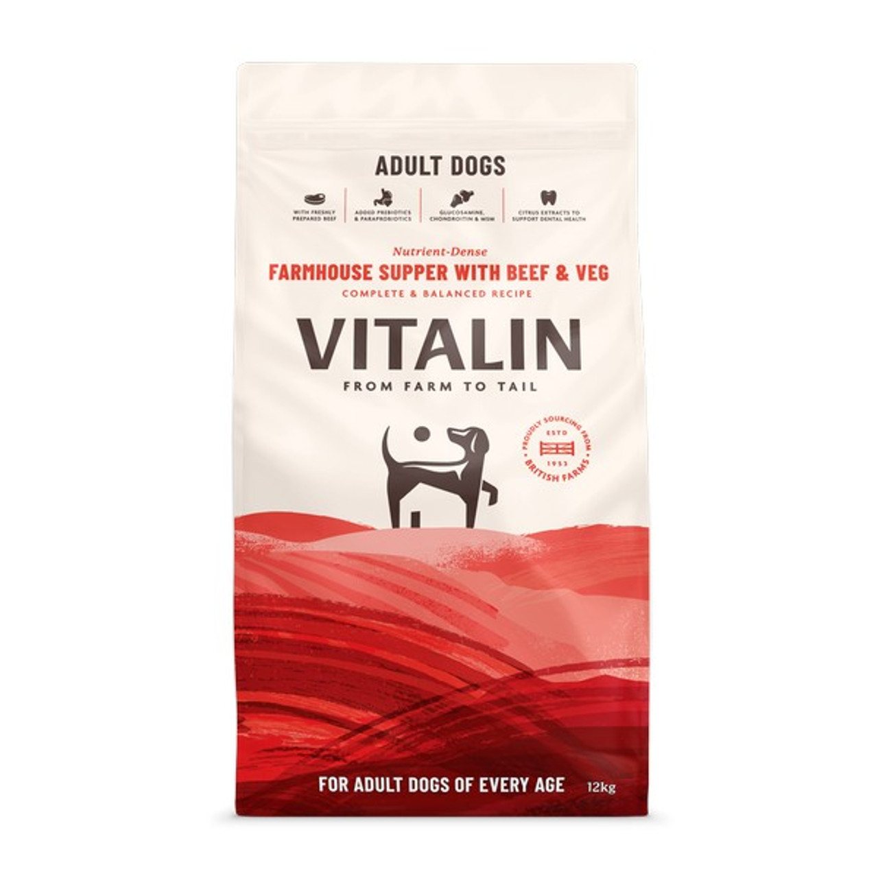 12KG Vitalin Farmhouse Beef & Veg Supper Adult Dog Food - Damaged Packaging
