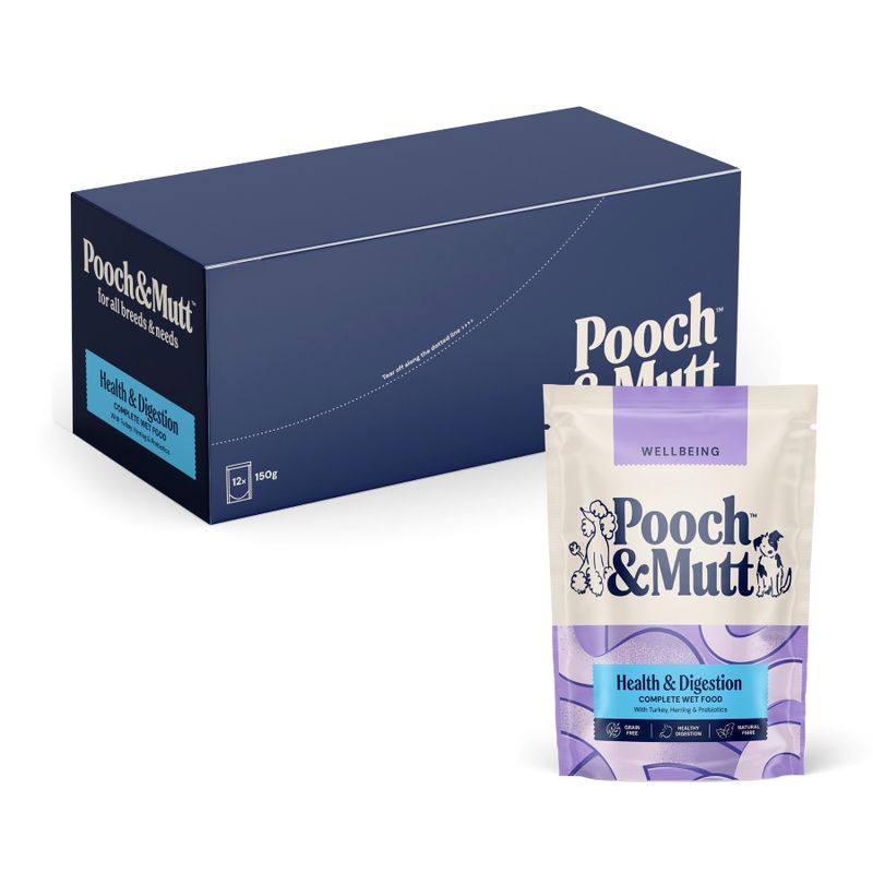 12x150g Pooch & Mutt Health & Digestion Complete Wet Food - Damaged Packaging